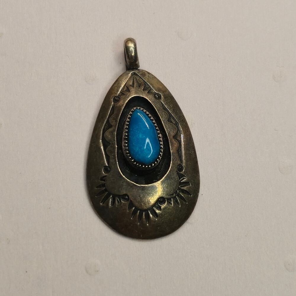 Vintage Navajo Native Sterling Silver Vibrant Blue Turquoise Pendant